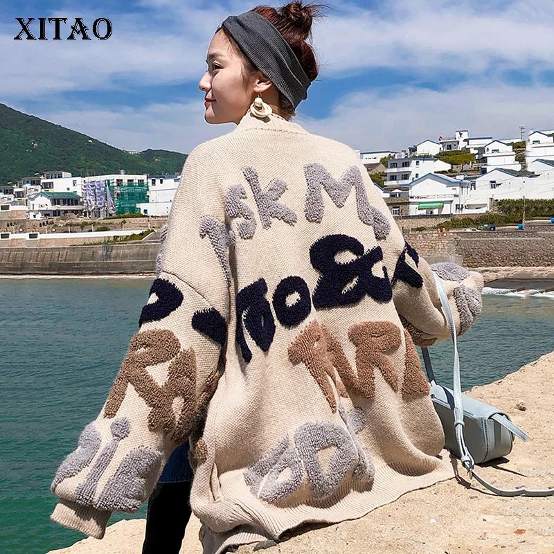 

[XITAO] Korea Fashion New Women 2018 Autumn Single Breasted Cardigans V-neck Full Sleeve Casual Letter Knitted Sweater LJT4436