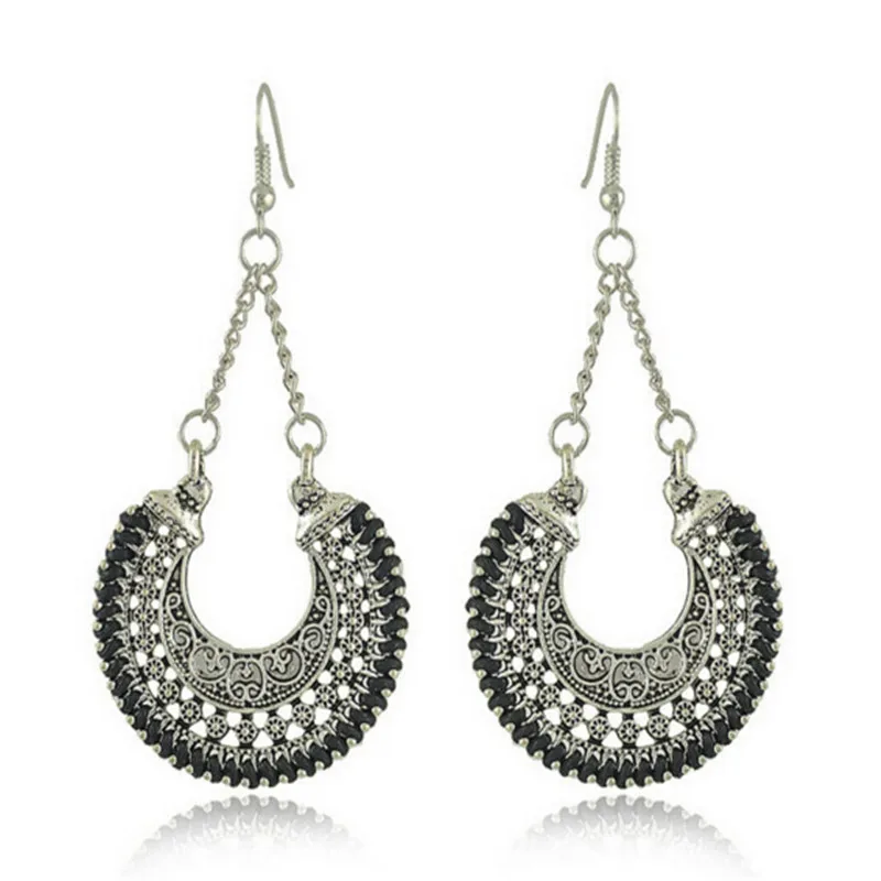 Antique Silver Carved Ethnic Drop Dangle Earrings Boho Earrings long tassel Gypsy Ethnic