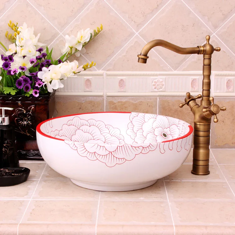 Europe Vintage Style flower shaped ceramics vanity basin Art Countertop sinks vanity wash basin (3)