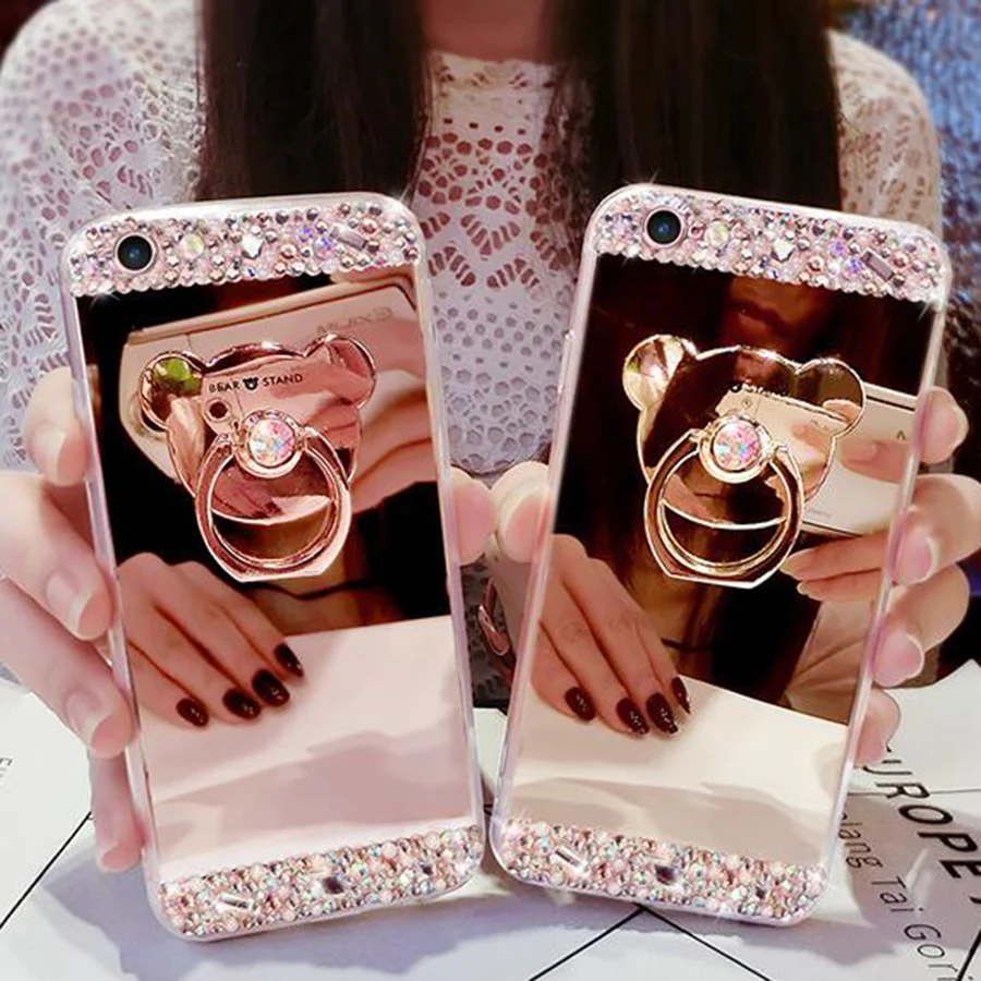 

Luxury Diamond Soft TPU Crystal Rhinestone Glitter Mirror Case For Girls With Ring Holder For iPhone 6 6S 7 8 Plus 8Plus 7Plus