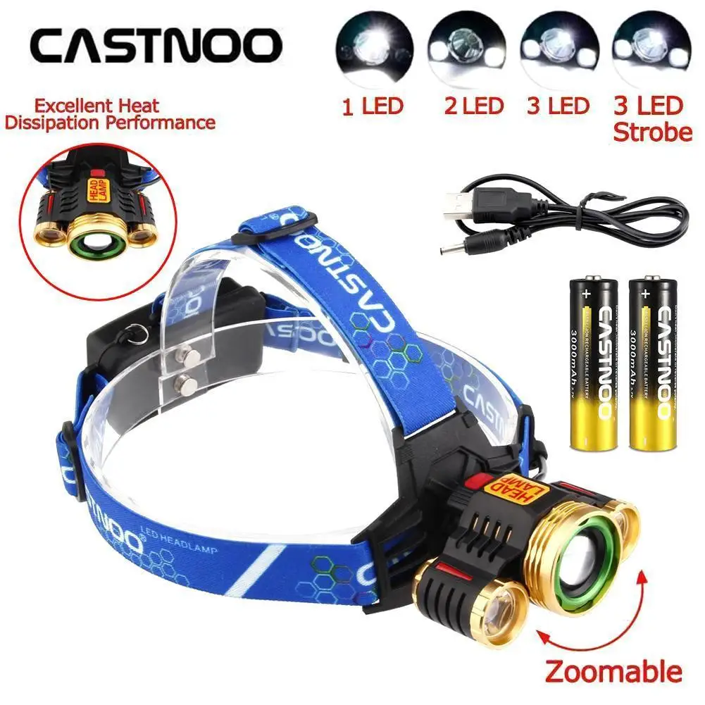 CASTNOO 35000LM 3X T6 светодиодный налобный фонарь USB Регулируемая Фара Фонарь 2X18650