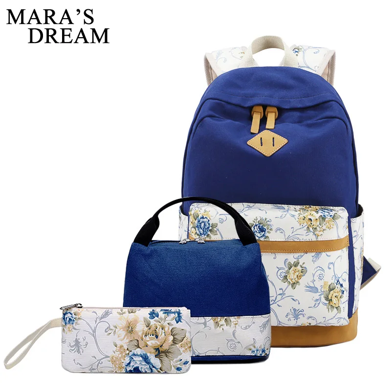 

Mara's Dream Canvas Backpack 3 Pcs Set Women Flowe Print School Backpacks Schoolbag For Teenagers Girls Student Book Bag Satchel