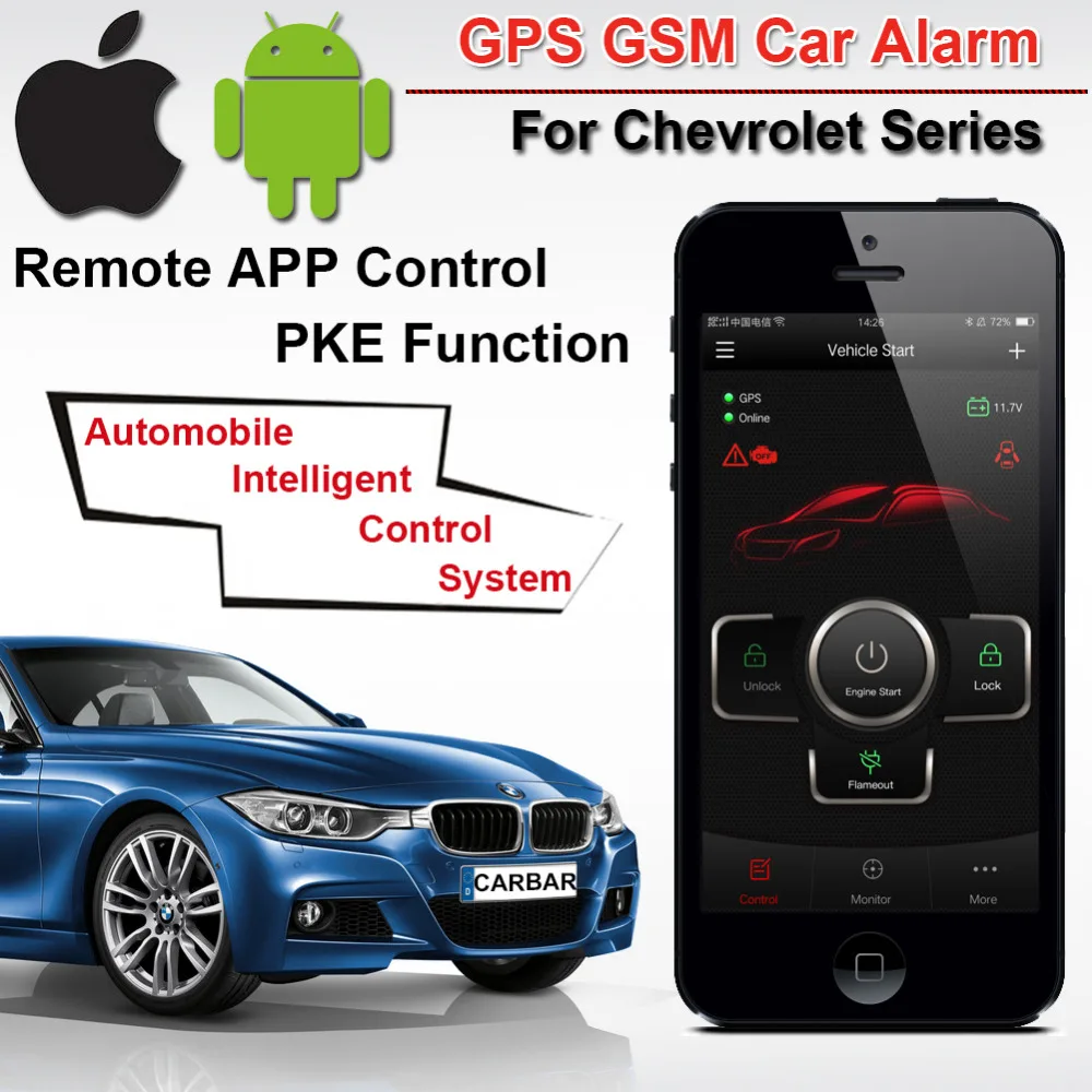 IOS Android PKE gps GSM Автомобильная сигнализация PKE для Chevrolet Strat-stop кнопка без ключа система Телефон запуск двигателя gps трекер CARBAR