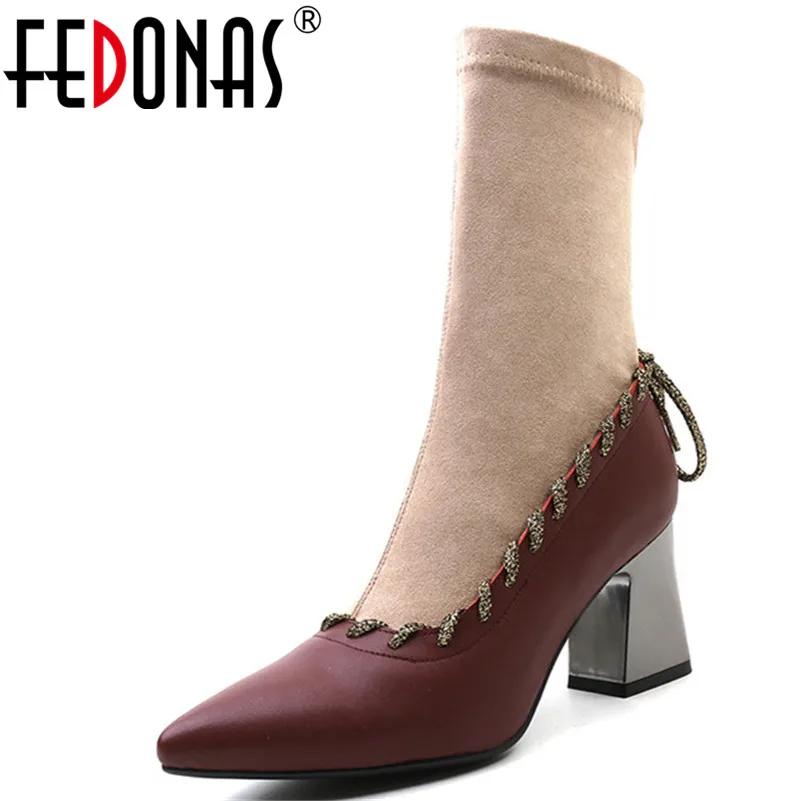 

FEDONAS Brand Women Mid-calf Boots High Heels Genuine Leather Party Wedding Shoes Woman Pointed Toe Prom Pumps High Basic Boots