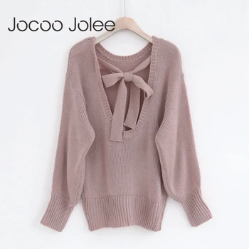 

Jocoo Jolee Elegant Women Solid Knitted Backless Bow Tie Hollow Out Batwing Sleeve Sweaters Casual Loose Pullovers Plus Size