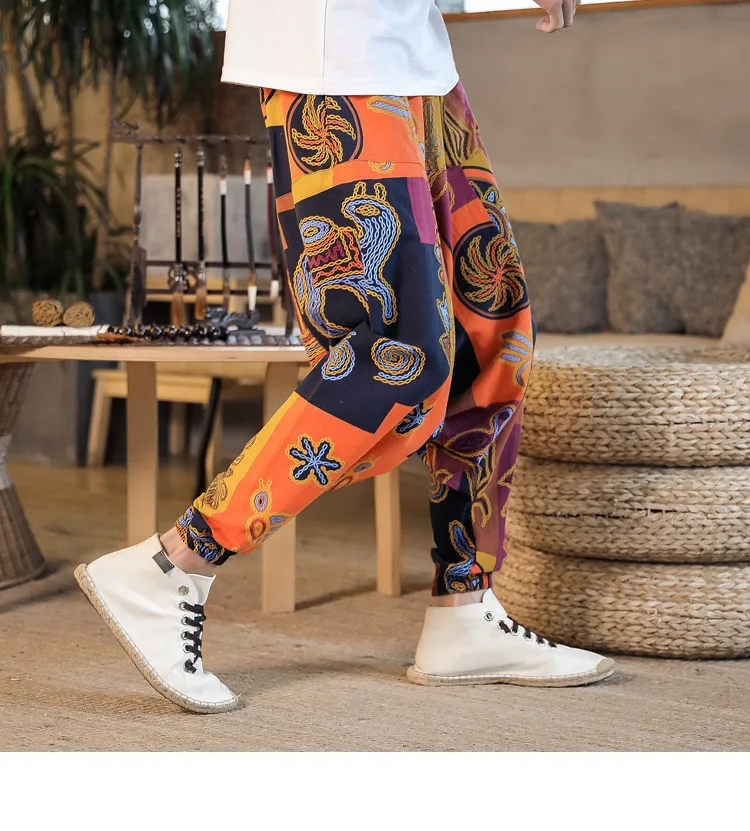 Мужские шаровары с принтом в стиле ретро хип-хоп с заниженным шаговым швом, брюки для бега, мужские Мешковатые Свободные Непальские Стильные повседневные штаны размера плюс, тайские шаровары