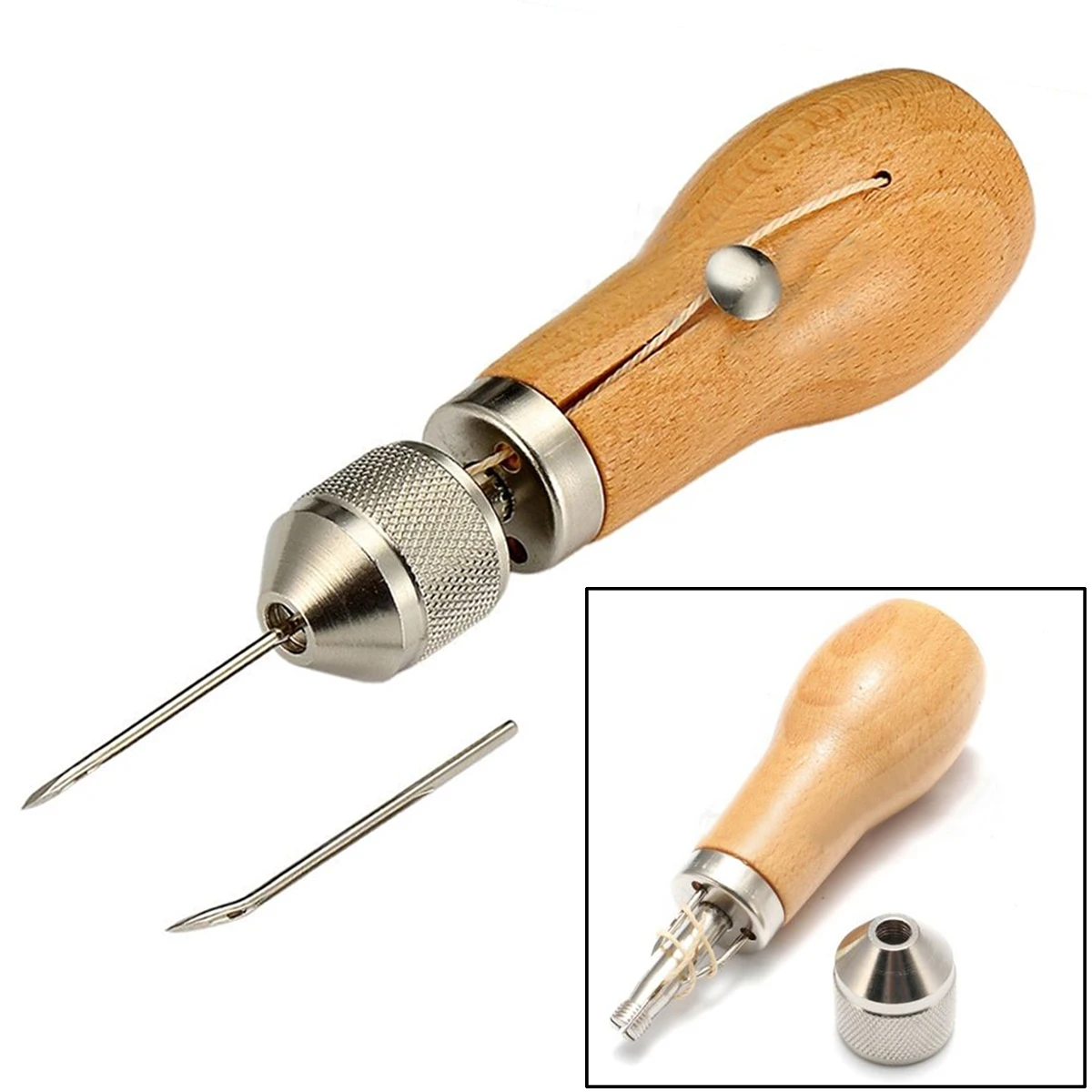 1pc Leather Craft Tool Stitching Sewing Awl With Waxed Thread And Needles