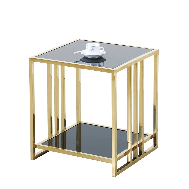 Stainless steel small square glass top coffee table corner modern simple coffee table living room sofa side cabinet bedside tab