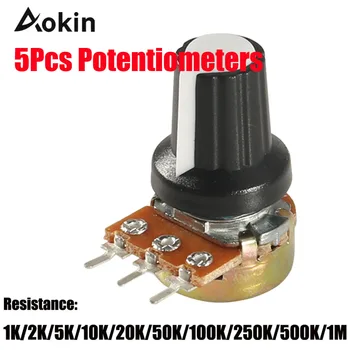 5Pcs 10k Potentiometer knob 1K 100K 5K 50K OHM WH148 Shaft with Nut 3 Terminal Linear Taper Rotary B10K for Arduino diy kit 12 foot single bend joint potentiometer b10k potentiometer with switch