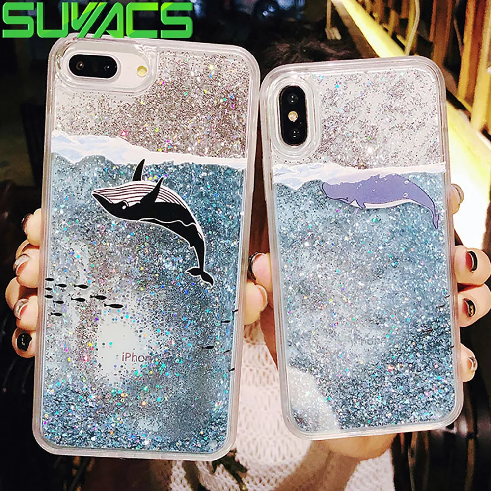 

SUYACS Phone Case For iPhone XR XS Max 6 6S 7 8 Plus X Quicksand Shark Animal Pattern Soft Side Phone Back Case Cover Bag Shells