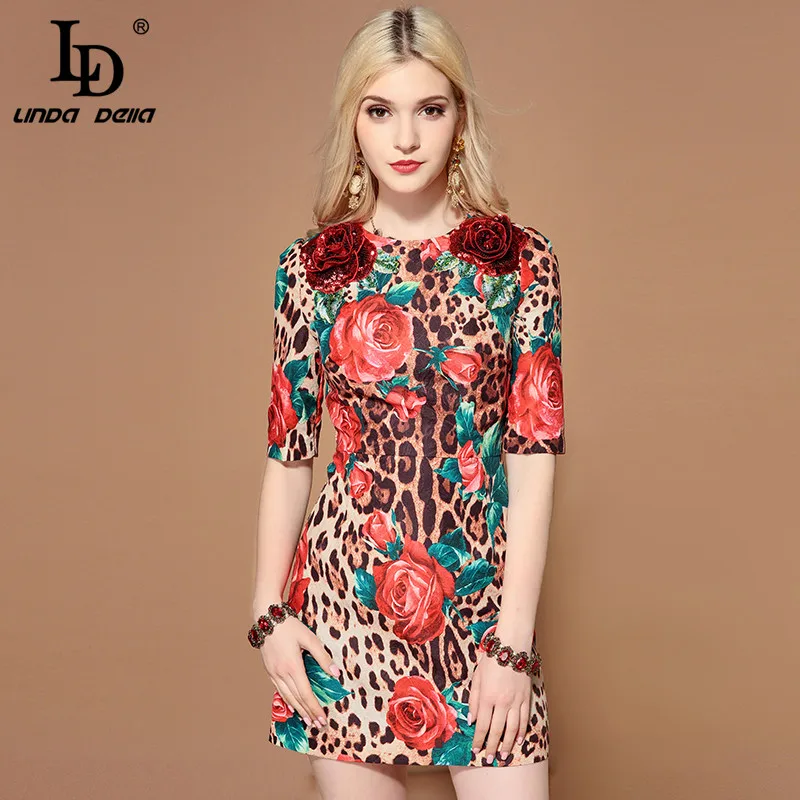 

LD LINDA DELLA Fashion Runway Summer Dress Women's Half Sleeve Sequin Floral Leopard Print Sexy Elegant Short Dress vestido