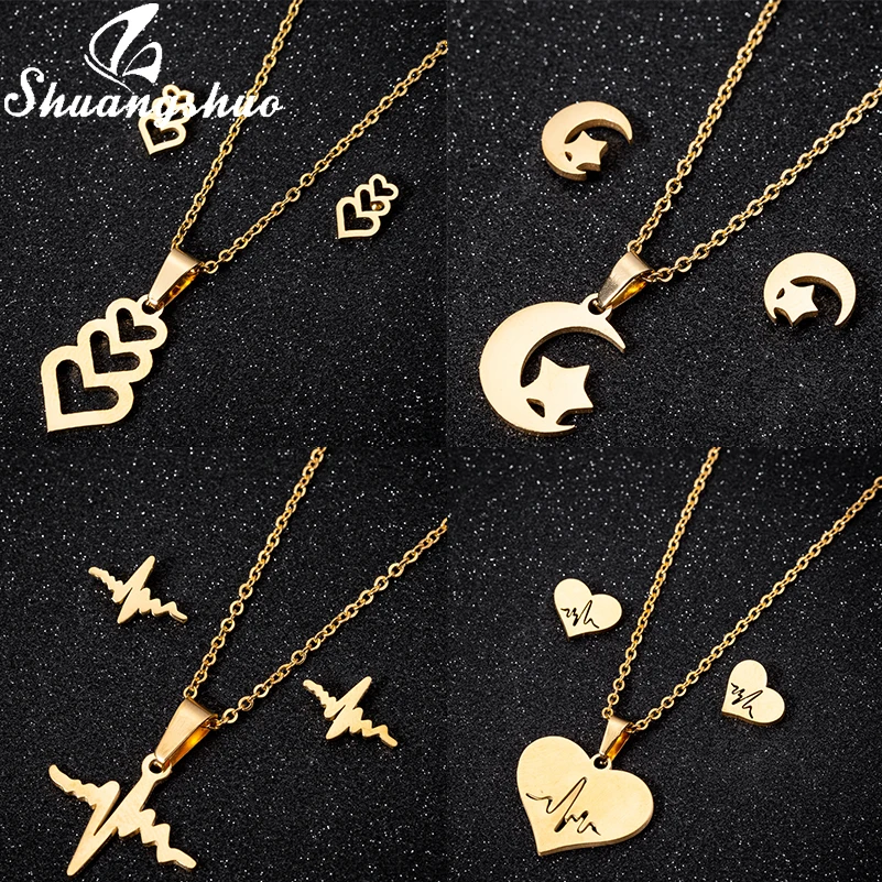 

Shuangshuo Gold Heart Pendant Necklaces For Women Stainless Steel Jewelry Sets Hollow Out Heart Necklace Stud Earrings brincos