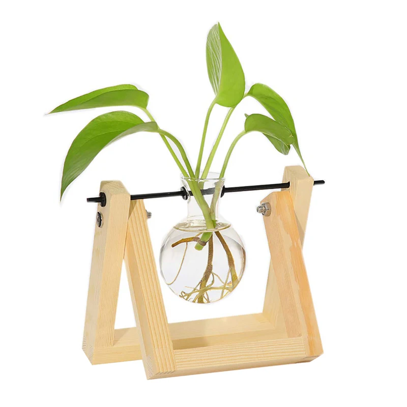

Desktop Plant Terrarium Glass Bulb Vase with Natural Wood Stand Decorative Flower Vase Holder for Hydroponics Plants Dec