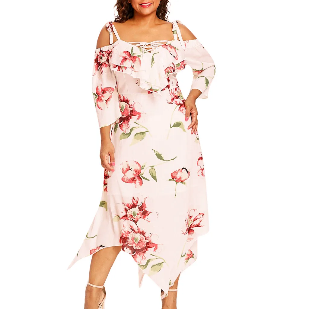Дропшиппинг женское платье с открытыми плечами размера плюс на шнуровке Макси платье Струящееся с цветочным принтом на бретельках свободное платье vestidos#111 - Цвет: Beige