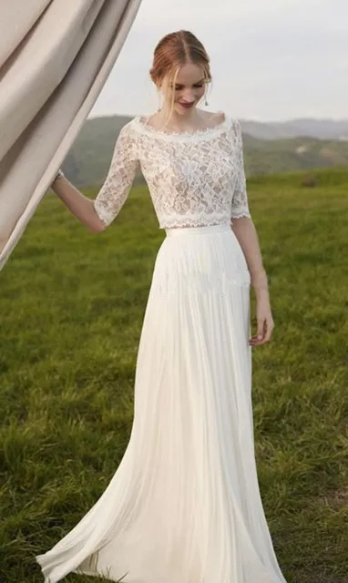 Simple Fall Winter Style Two Pieces Beach Wedding Dress Half Simple Fall Winter Style Two Pieces Beach Wedding Dress Half Sleeve Lace Brdial Gowns Flowing Chiffon