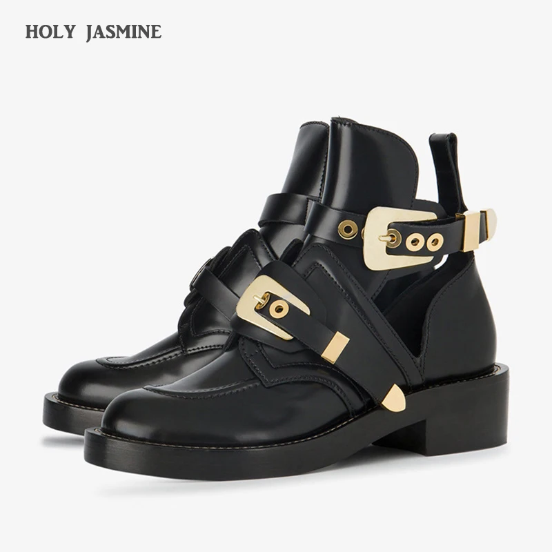 

2019 New Gold Silver Buckle Ankle Boots For Women Fashion Brand Low Heel Shoes Women Motorcycle Boots Spring Autumn Boots Women