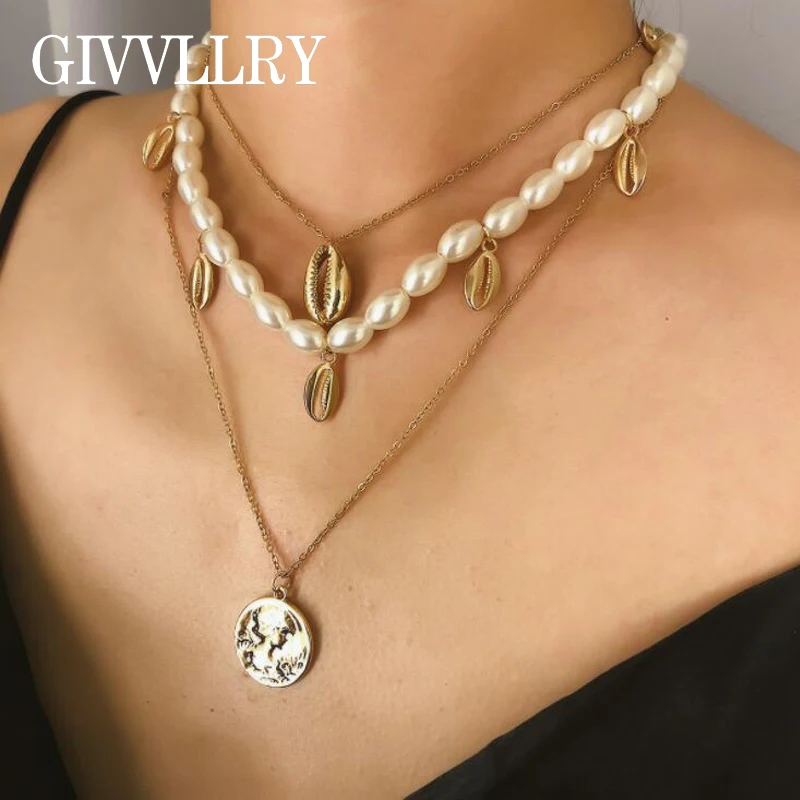 

GIVVLLRY 3 Layered Chain Necklace for Women Chic Handmade Imitation Pearl Chain Carved Figure Coin Metal Shell Pendant Necklace