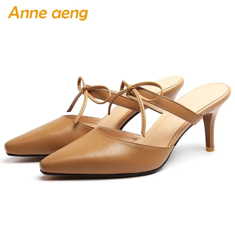 

2019 New Summer Genuine Leather Outside Women Slippers High Thin Heel Pointed Toe Butterfly-Knot Sweet Women Shoes Mules Slides