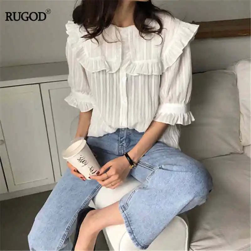 

RUGOD 2019 korea summer female solid Petal collar puff sleeve single breasted cotton t-shirts casual lady cotton mujer t-shirts