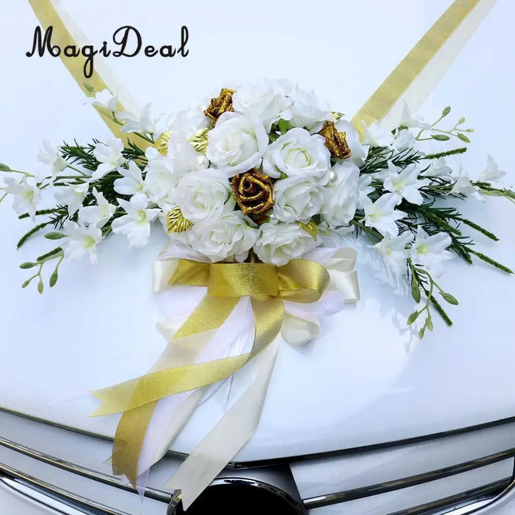 MagiDeal 12pcs/Set Wedding Car Decorations Kit DIY Artificial Silk Flower Ribbon Bows Car Roof Door Mirror Wedding Supplier