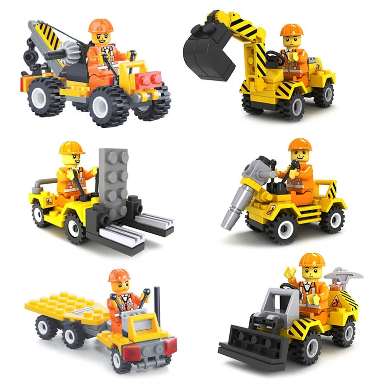 

Single Sale Mini City Construction Team Bulldozer Excavator Forklift Drill Crane Model Building Block Toys For Children birthday