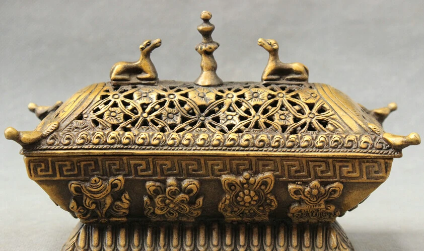 

S4623 Tibet Bronze Buddhism 8 Auspicious Symbol Statue Vajra Box Incense Burner Censer D0317