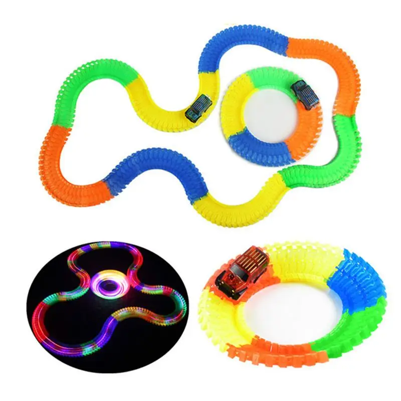 LED Light Car+Racing Track Glow in the Dark Colorful Slot Bend Flexible Track Twist Racetrack Railway Toys for Kids Christmas
