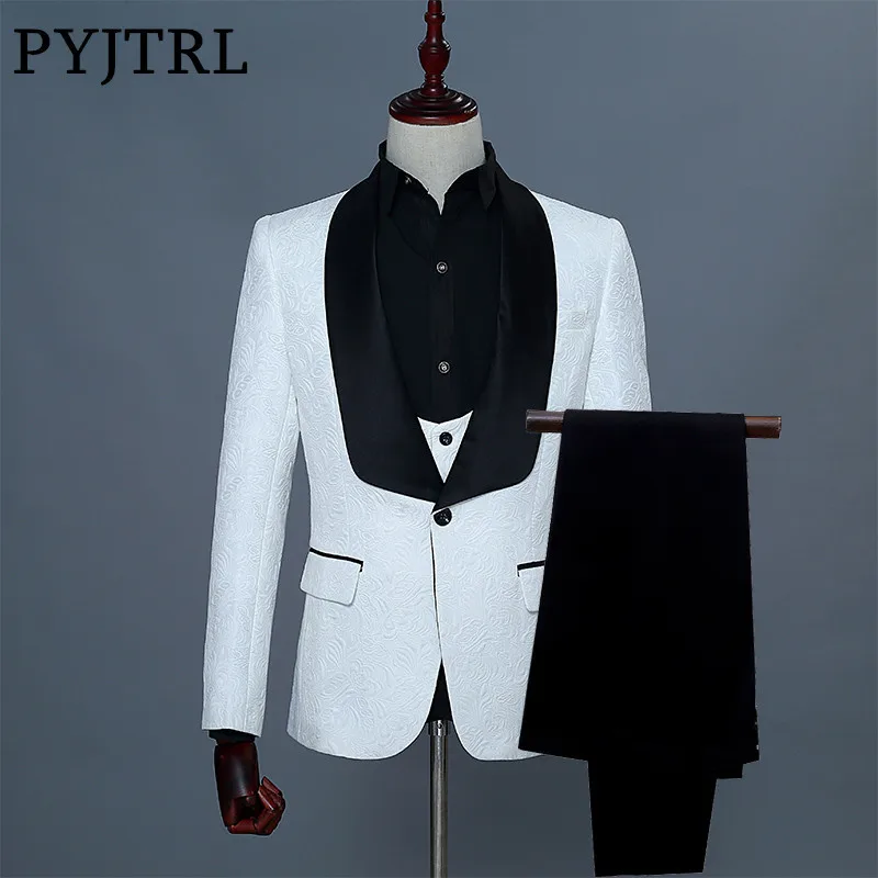 PYJTRL бренд, Модный свадебный костюм из трех предметов, приталенный смокинг для мужчин, шаль с отворотом, белая жаккардовая одежда для выпускного вечера - Цвет: Chinese size