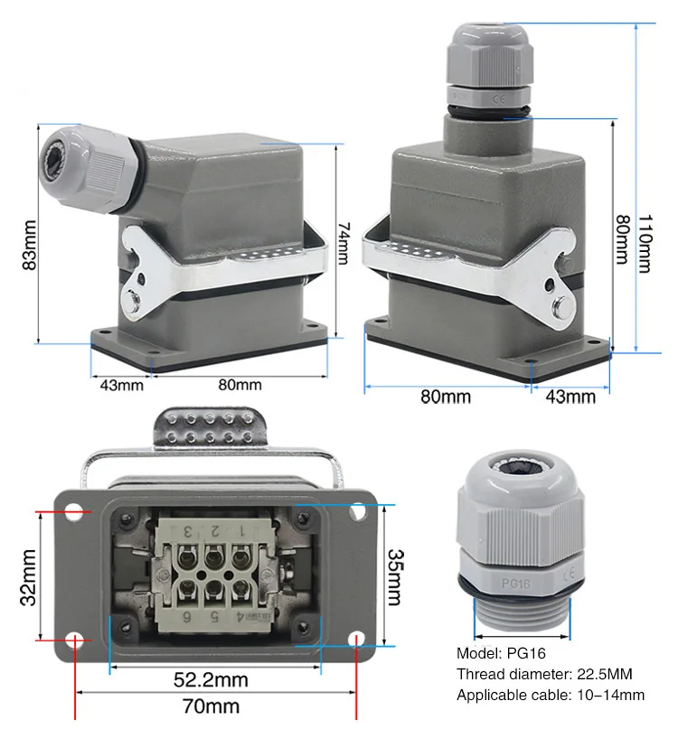 Superior e Lateral Heavy duty Conector Retangular Hdc he 4 e 6 e 10 e 16 e 20 e 24 e 32 e 48 Núcleo Plugue Aviação 16a Industrial à Prova d' Água 7 20 24 32 48 núcleo industrial impermeável