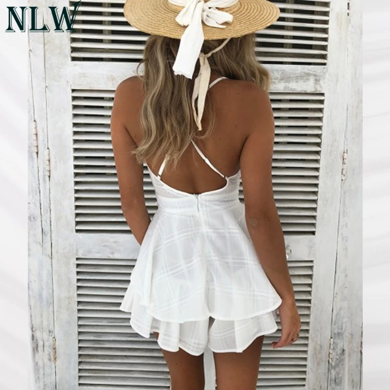 NLW White Ruffle Plaid Jumpsuits Rompers Spaghetti Strap Cross Back Bow Tie Waist Skorts Playsuit Girl Summer Beach Overalls