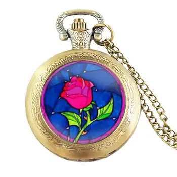 

Steampunk beauty and the beast rose pocket Watch Necklace 1pcs/lot watches Pendant Quartz jewelry chain 2017 girlfriend gift hot
