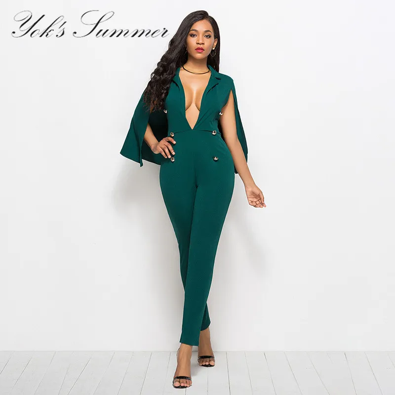 Yok'S Autumn Womens Jumpsuits Sexy Solid Deep V-Neck Cloak Jumpsuits For Female Fashion Buttons Cloak Cape Bodysuit S-XXXL DN256