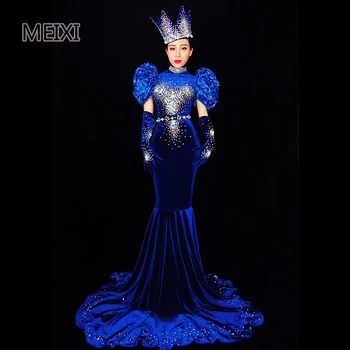 

Atmospheric blue velvet rhinestone dress bar concert female dancer costumes