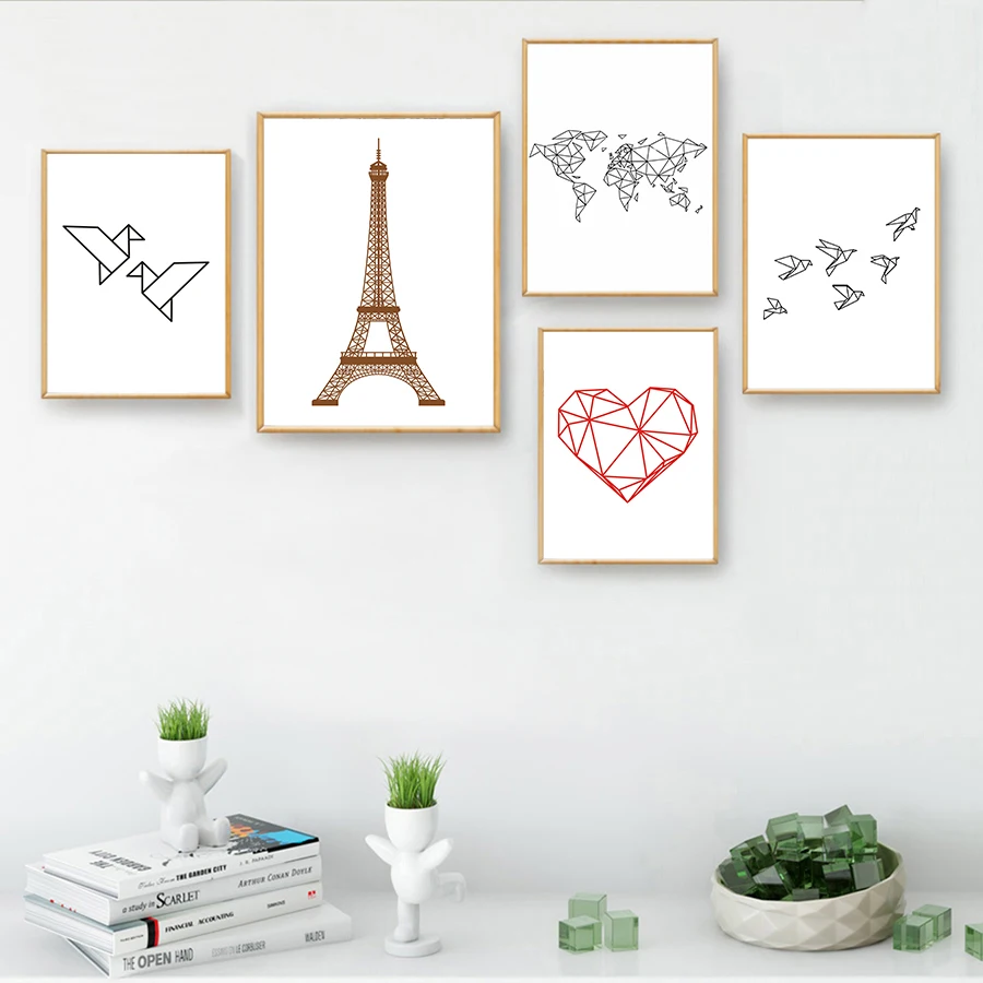 2 - Black White Geometric Paris Tower Posters World Map Prints  Abstract Canvas Painting Wall Art Picture for Living Room