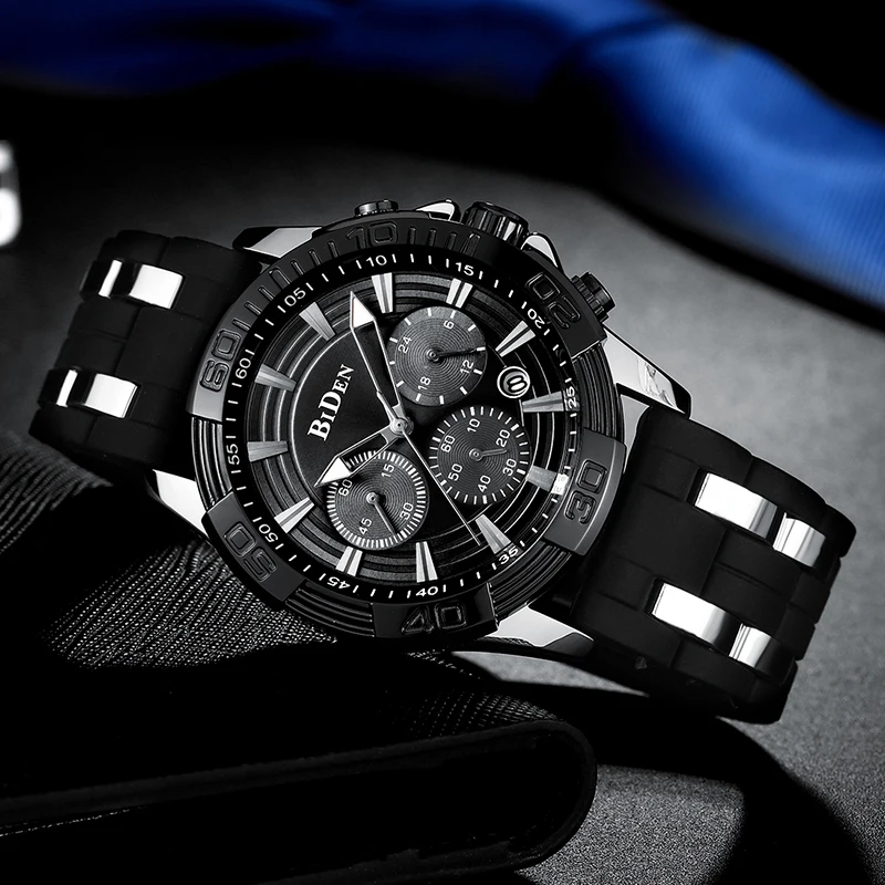 

Luxury Fashion Men Watch Chronograph Date Sports Military Black Stainless Steel Silicone Strap Waterproof Wristwatch Men Relogio