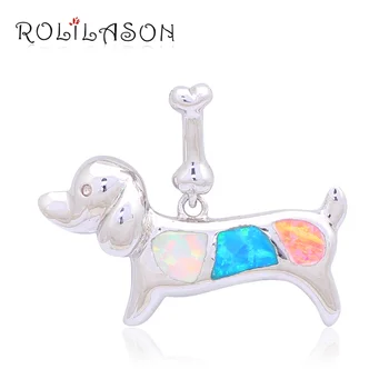 

ROLILASON Hot sell Excellent Lovely Dog Women Color Blue Fire Opal Silver Stamped Pendants Fashion jewelry OP451