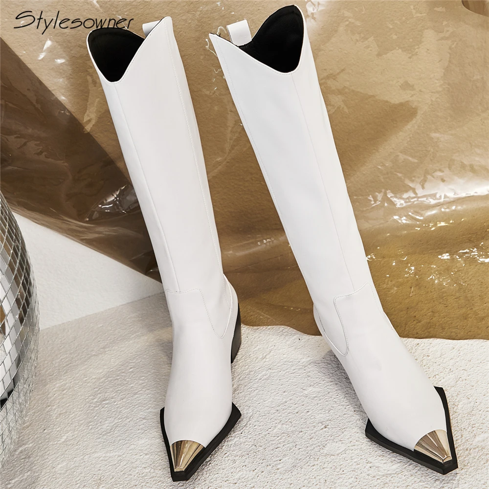 Stylesowner/Сапоги до колена с металлическим квадратным носком из натуральной кожи; фирменный дизайн; модные сапоги на высоком каблуке; Botas Mujer; обувь на массивном каблуке; Zapatos Chic