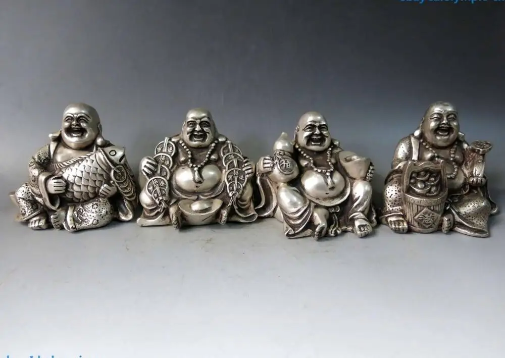 

China silver carved fine Buddhism four happy Maitreya Buddha Sculpture Statue