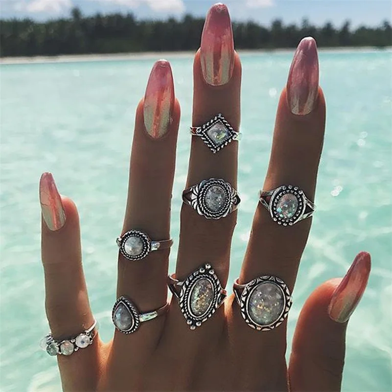 

8 Pcs/set Women Fashion Bohemian Round Geometry Opal Gem Crystal Silver Ring Set Party Wedding Jewelry Gift