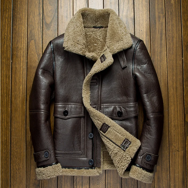 

Men winter fur leather clothing male genuine sheepskin shearing air force flight suit jacket motorcycle thick coat brown 3xl 4xl