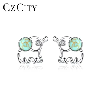 

CZCITY Real 925 Sterling Silver Turquoise Small Cute Elephant Stud Earrings for Women Fine Jewelry Pendientes Plata Gifts SE0402
