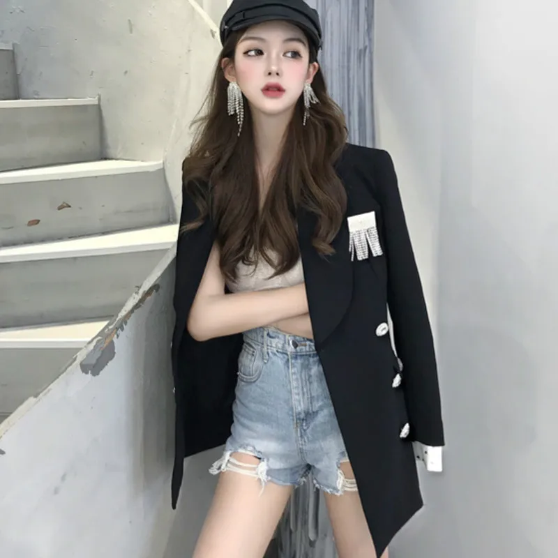 Ретро Черные яркие бриллиантовые блейзеры двубортные женские костюмы с ...