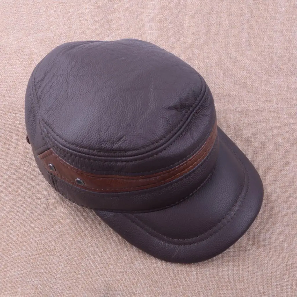 Brown Cowhide Leather Military Cap Man Casual Vintage Mens Flat Caps Winter Warm Ear Protect