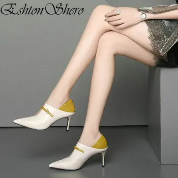 

EshtonShero Women's Shoes Pumps Mixed Color Genuine Leather+PU Pointed Toe Buckle Thin High Heel Ladies Wedding Shoes Size 34-39