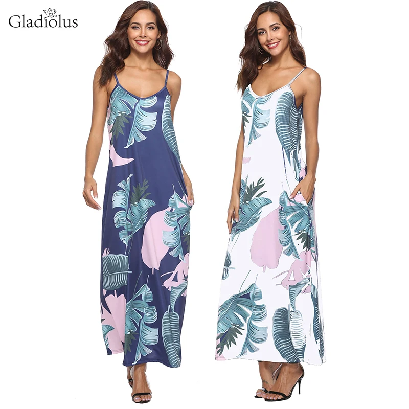 

Gladiolus Elegant Long Dresses Bohemian Sundress 2018 Women V-Neck Spaghetti Strap Print Floral Maxi Causal Loose Summer Dress