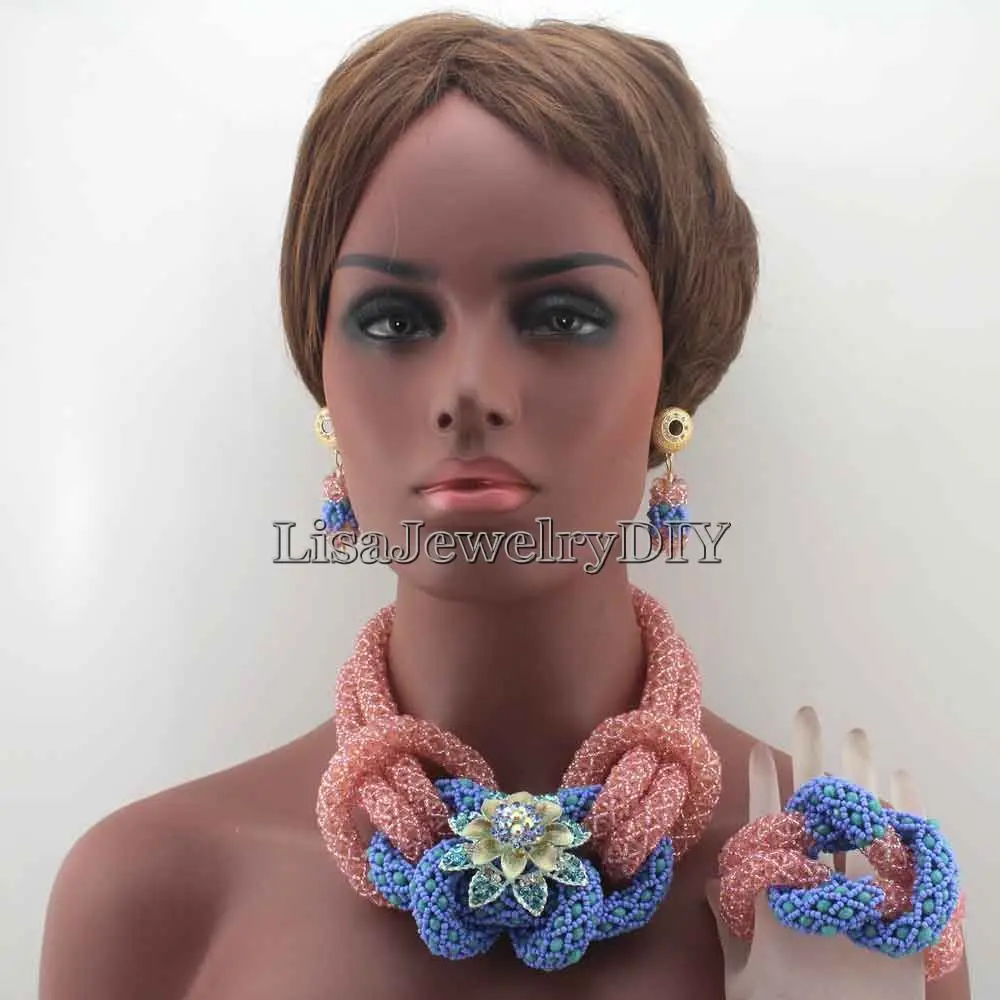 

Fashion Peach Pink/Blue African Beads Jewelry Sets Crystal Beads Jewelry Set Nigerian Wedding Bridal Necklace Jewelry Set HD7929