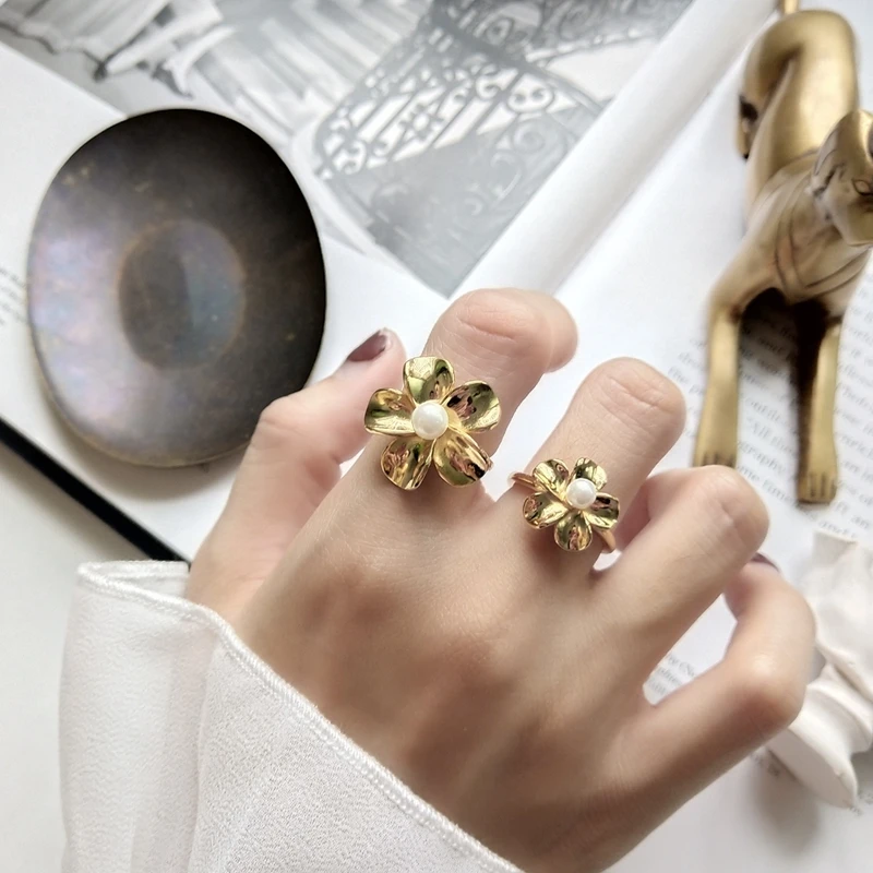 

Korea Bloomed Flower 925 Sterling Silver Jewelry Women Ring Gold Delicate Petal Adjustable Index Finger Ring Wholesale Lots Bulk