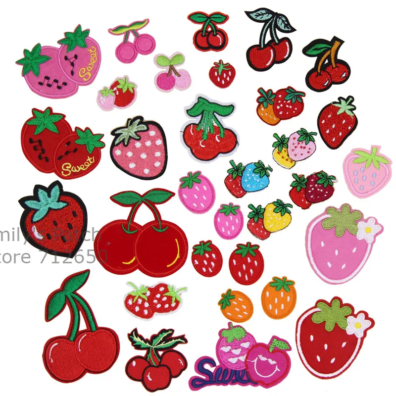 

Free shipping 10 pcs Cherry strawberry fruit Embroidered Iron on patches Motif sew on Cartoon Applique embroidery DIY accessory