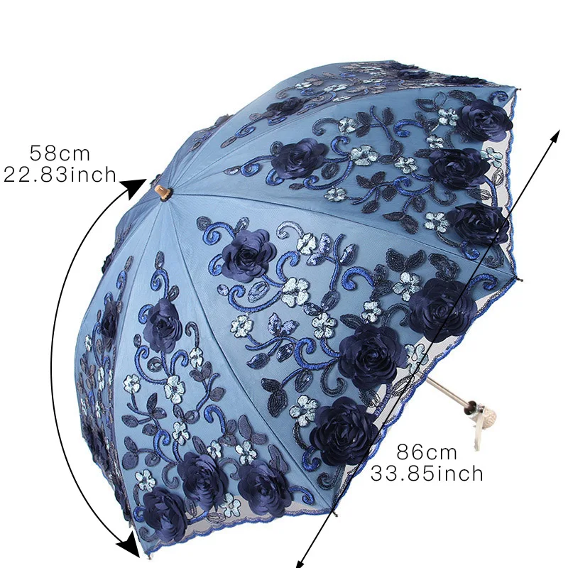 Два кружевных складных зонта, дамские двухслойные солнцезащитные зонты с вышивкой, женский ветрозащитный солнцезащитный зонтик с черным покрытием и защитой от ультрафиолета