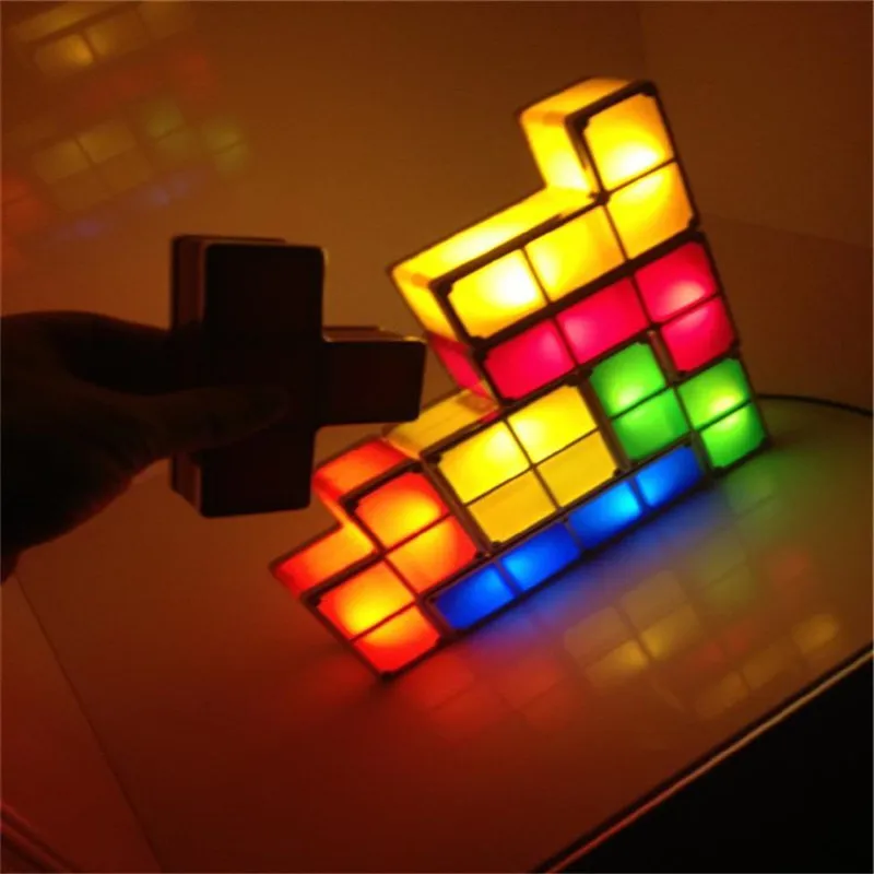 DIY тетрис Puzzle Light Stackable светодио дный LED Настольная лампа конструктор блок ночник Ретро игра башня Детские Красочные кирпичные игрушки